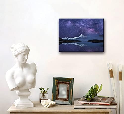 Peaceful Star Lake Landscape Wall Art For Bedroom,Starry Night Sky Over Snowy Mountain,Purple Milky