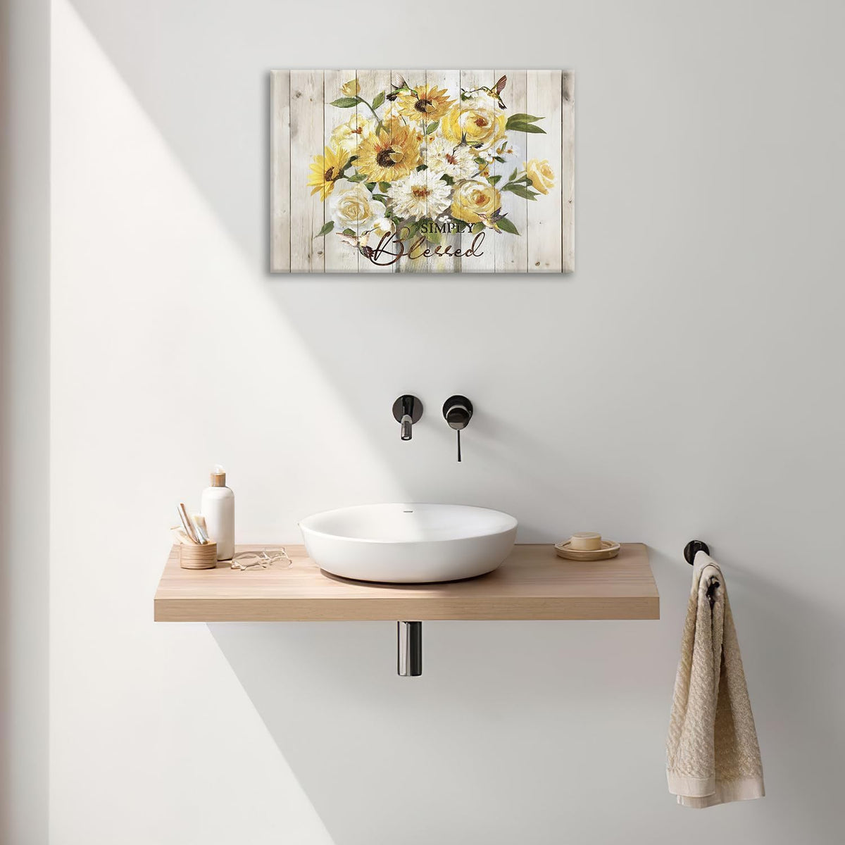 Sunflower Bathroom Pictures Wall Art, Simple Blessed Floral Bathroom Wall Decor, Flower Framed