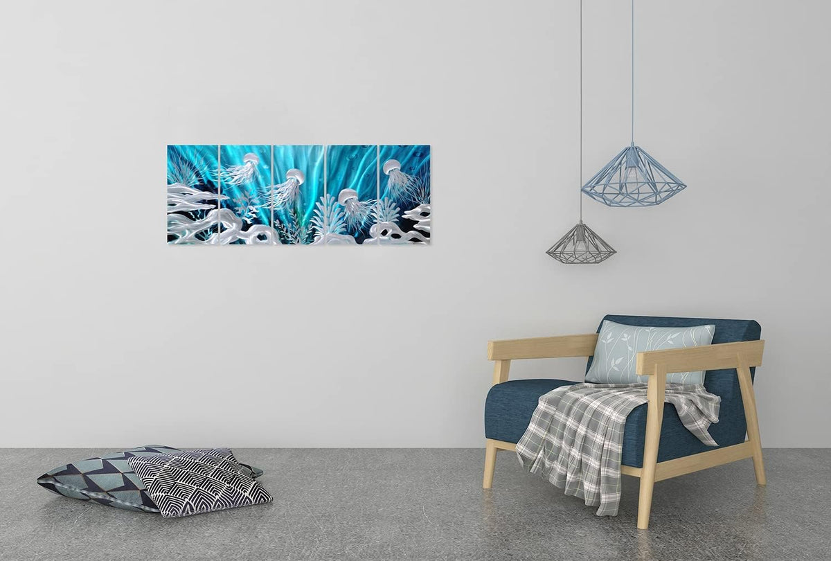 SYGALLERIER Jelly Fish Large Metal Wall Art Hand Grind Aluminum Artwork 3D Undersea World Coastal