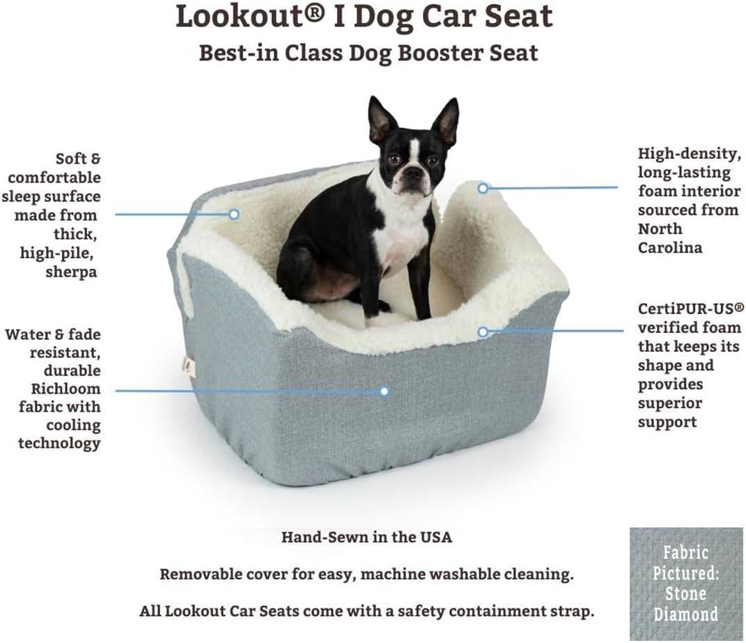 Snoozer Dog Car Seat: Lookout I Booster Seat for Small Dogs (5-15 lbs), Denim Diamond Fabric