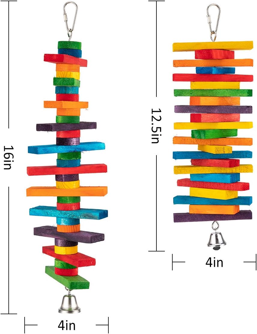 MEWTOGO 2 Pcs Bird Toys - Parrot Toys with Multicolored Natural Wooden Blocks, Chewing Sticks for