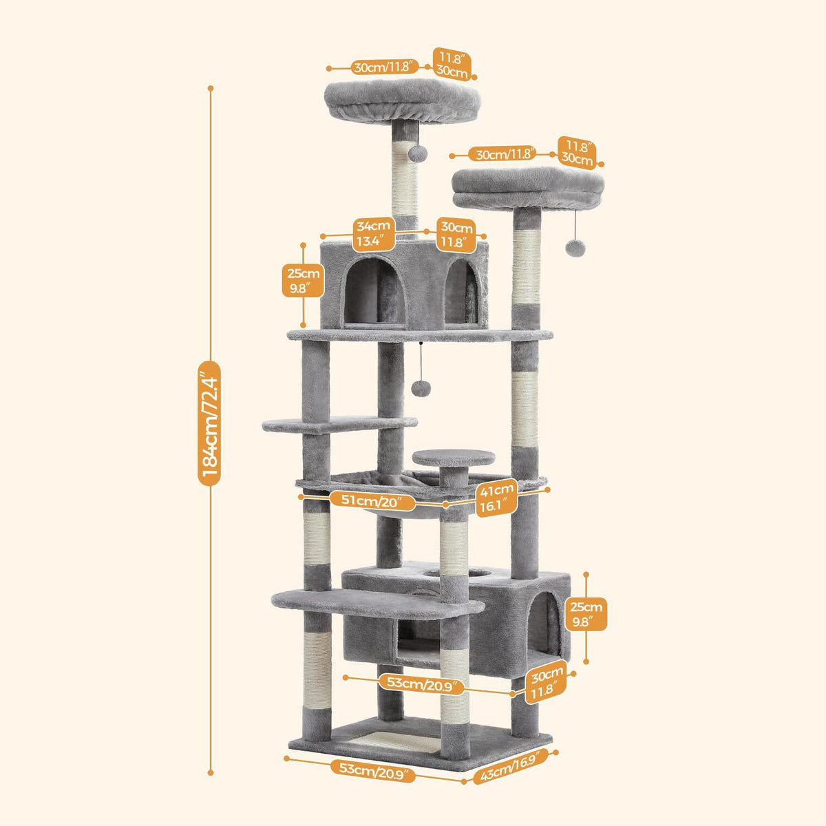 PAWZ Road Large 72 Inch Cat Tree and Tower for Indoor Cats - With Sisal-Covered Scratching Posts