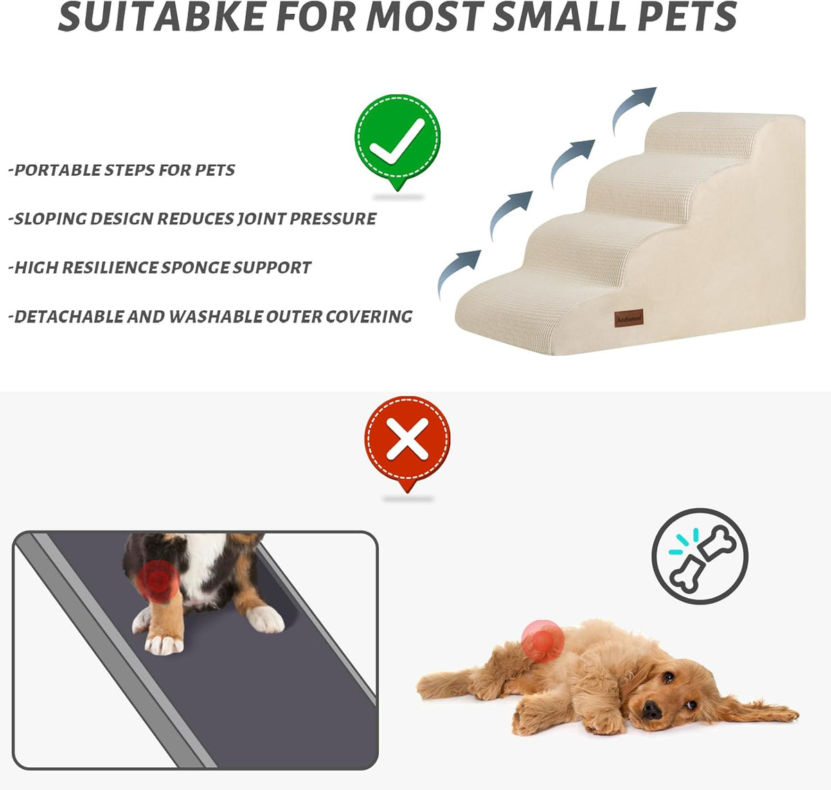 4-Step Dog Stairs and Ramp for Beds or Couches,Non-Slip Sturdy Pet Steps for Small Dogs and