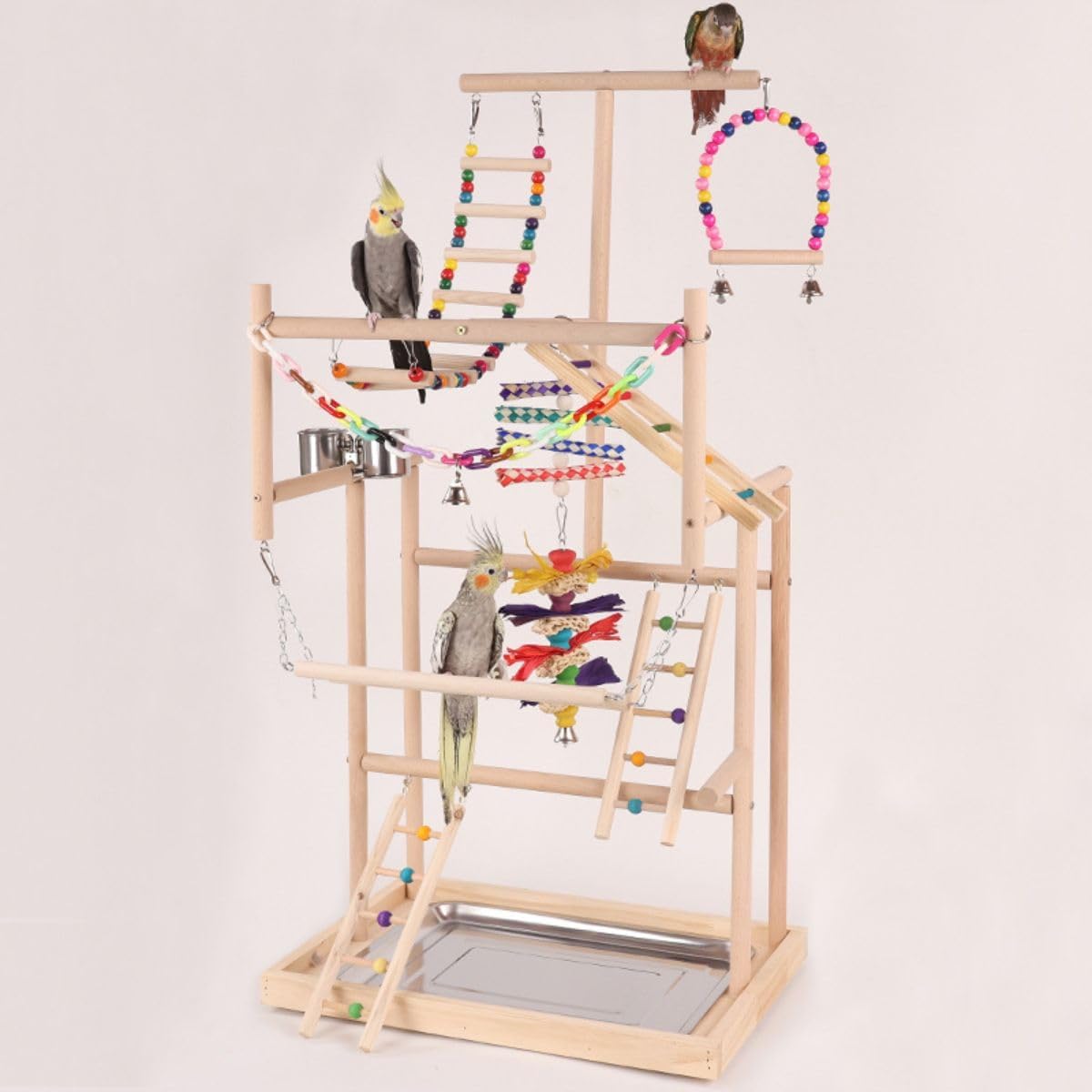 Bird Playstand Parrot Playground Wood Play Stand Gym Perch 4 Ladder Playgym with Exercise Toys