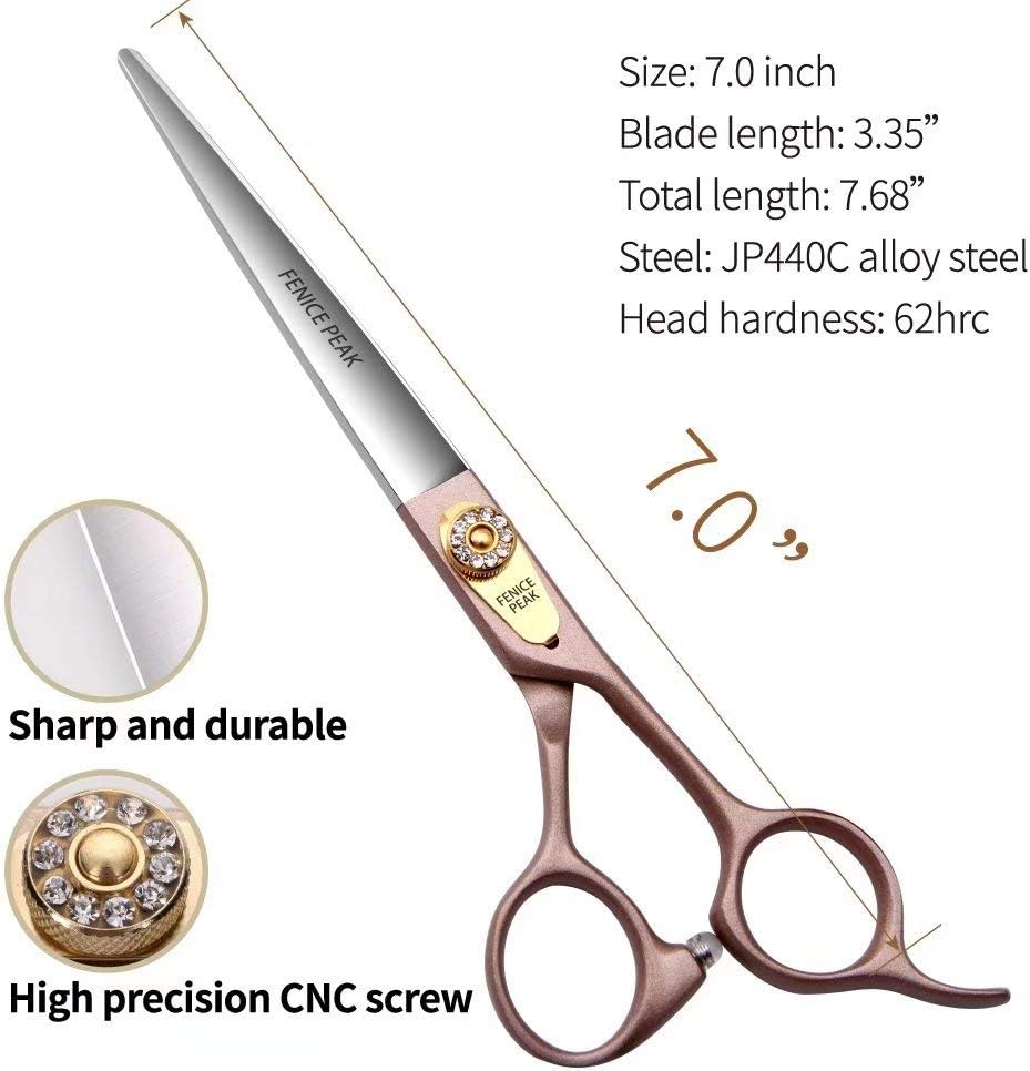 Fenice Peak 7'' Dog Straight Scissors for Grooming 440C Stainless Steel Rose Gold Professional Pet