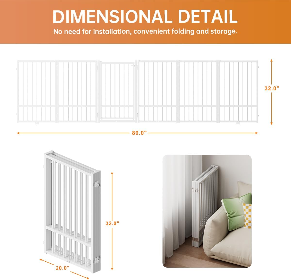 Full Metal Freestanding Dog Gate with Door, 32''Height Foldable Pet Dog Fence for Indoor & Outdoor