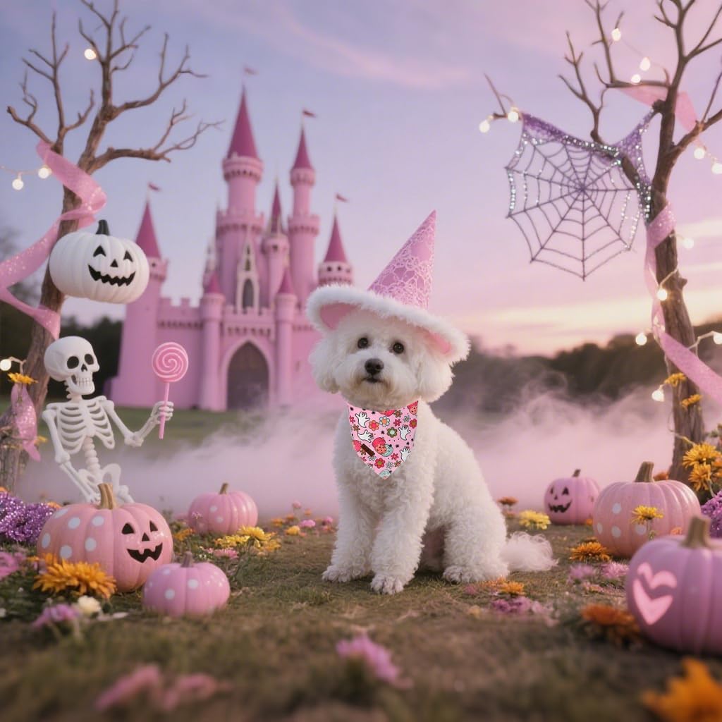 Lionet Paws Halloween Dog Bandana Washable Cotton Handkerchief Scarf Triangle Flower Ghost Pink