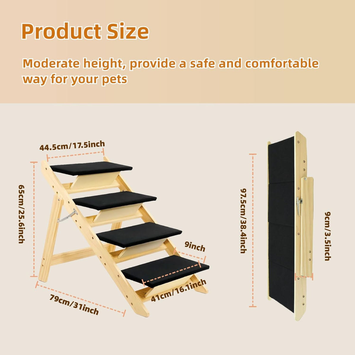 Foldable Dog Stairs/Ramp with 4 Steps - Durable Wooden Pet Stairs for Small, Medium, Large Dogs