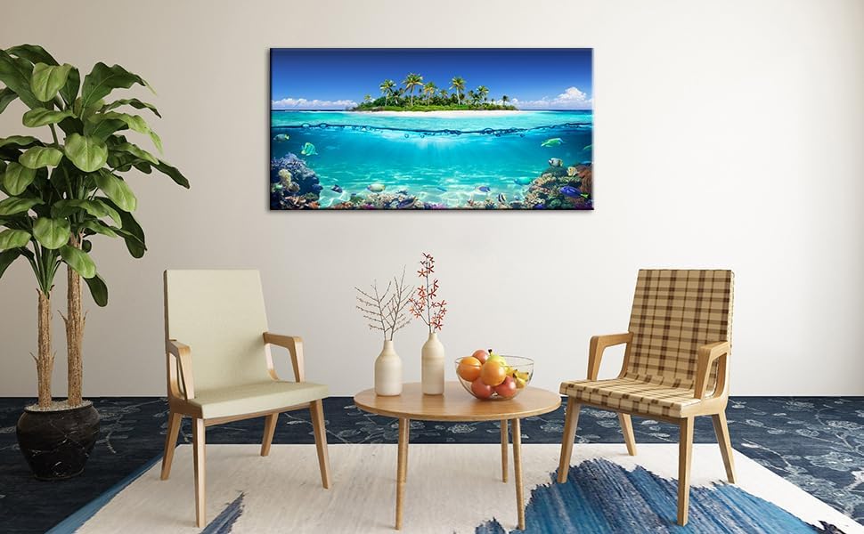 Tropical Island Coral Reef Landscape Canvas Wall Art for Living Room,Unique View Split Waterline