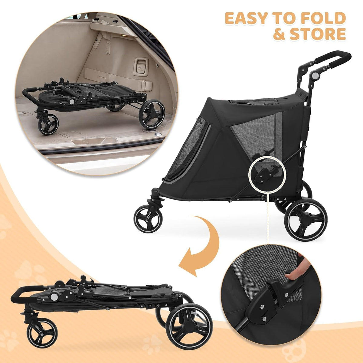 Magshion Pet Stroller for Medium Dogs w/Adjustable Handle, 3-Wheel Dog Cat Wagon w/Dual Entry, Rear
