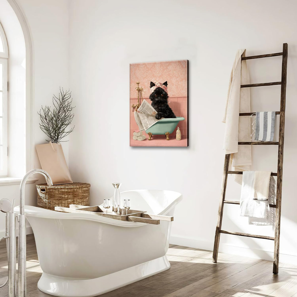 Cat Bathroom Wall Decor Black Cat Reading Newspaper in Bathtub Canvas Wall Art Funny Bathroom