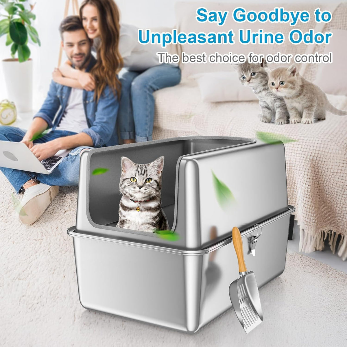 16'' High Sides XXXL All Stainless Steel Cat Litter Box with Lid,8'' Deep Metal Litter Box for Big