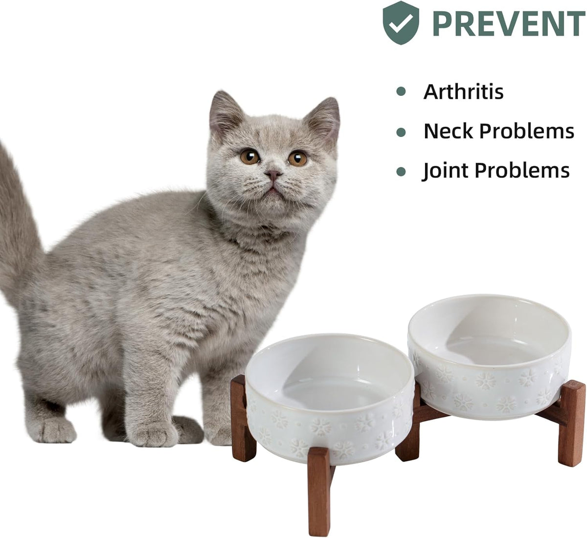 Ceramic 5.1inch Raised Double Bowls Set with Acacia Wood Stand, 2 Heights Elevated, Food & Water