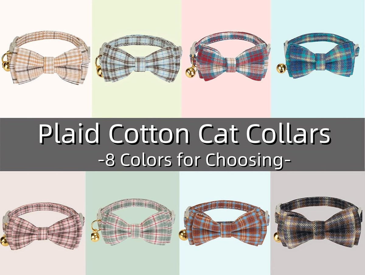 2 Pack Soft Cotton Cat Collars with Bowtie and Bell Breakaway Plaid Cat Kitten Collar(Beige and