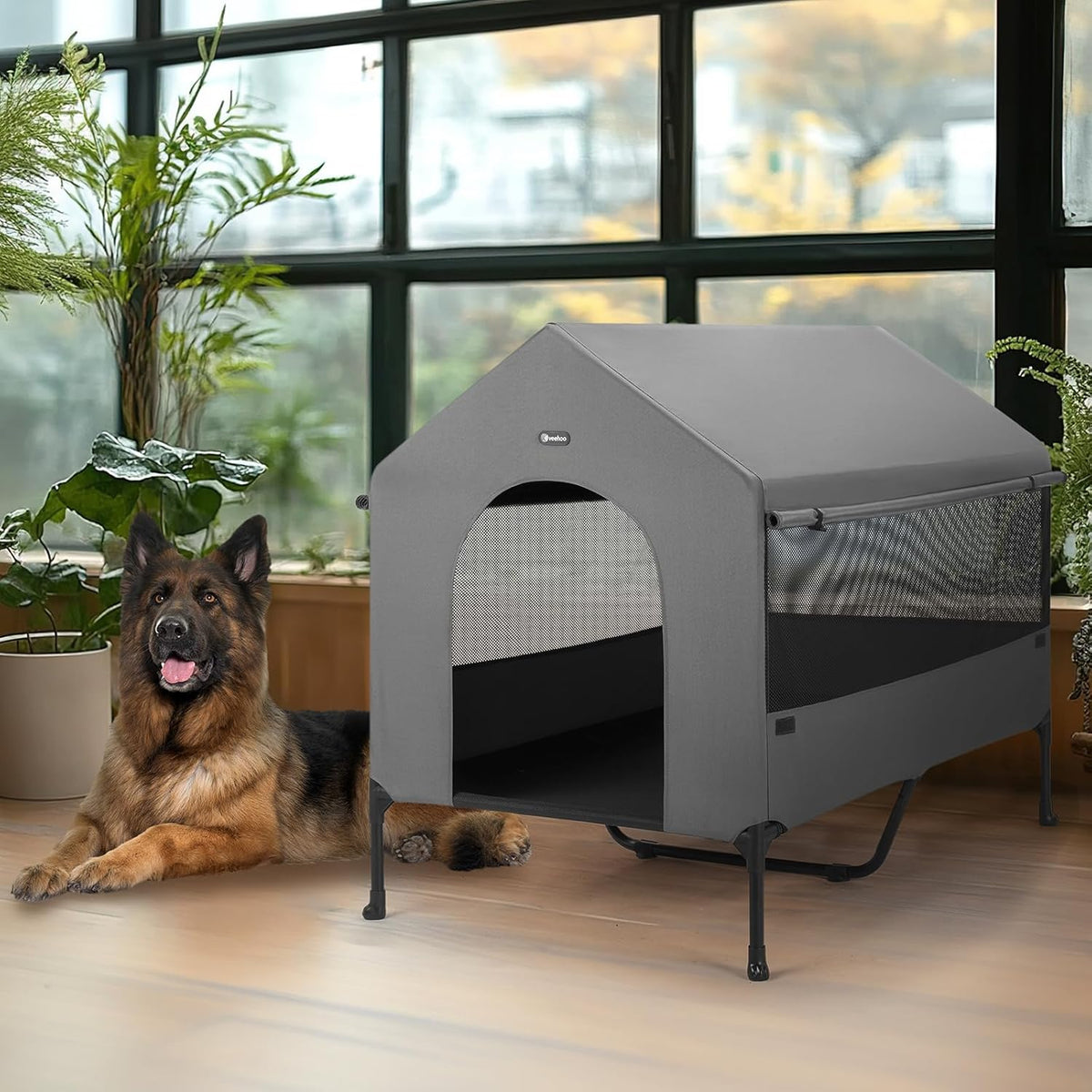Veehoo 47" Dog House, 2-in-1 X-Large Dog House Outdoor Indoor Weatherproof, Outside Elevated Dog