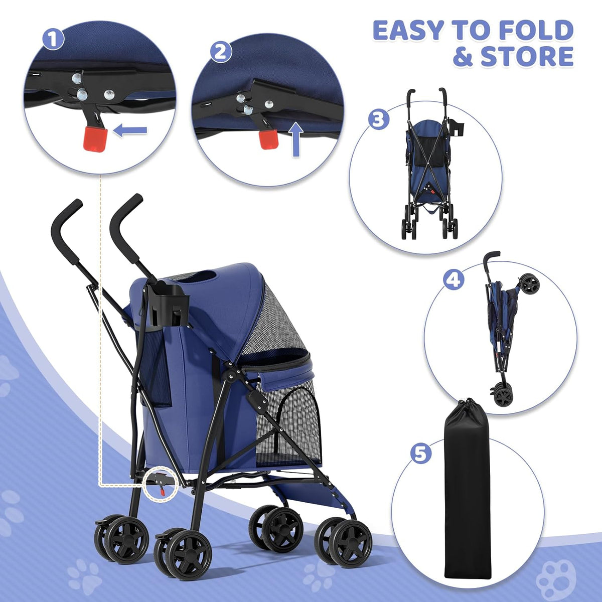 Magshion Compact Pet Stroller for Small-Medium Dogs/Cats up to 22lbs, 4-Wheel Lightweight Umbrella