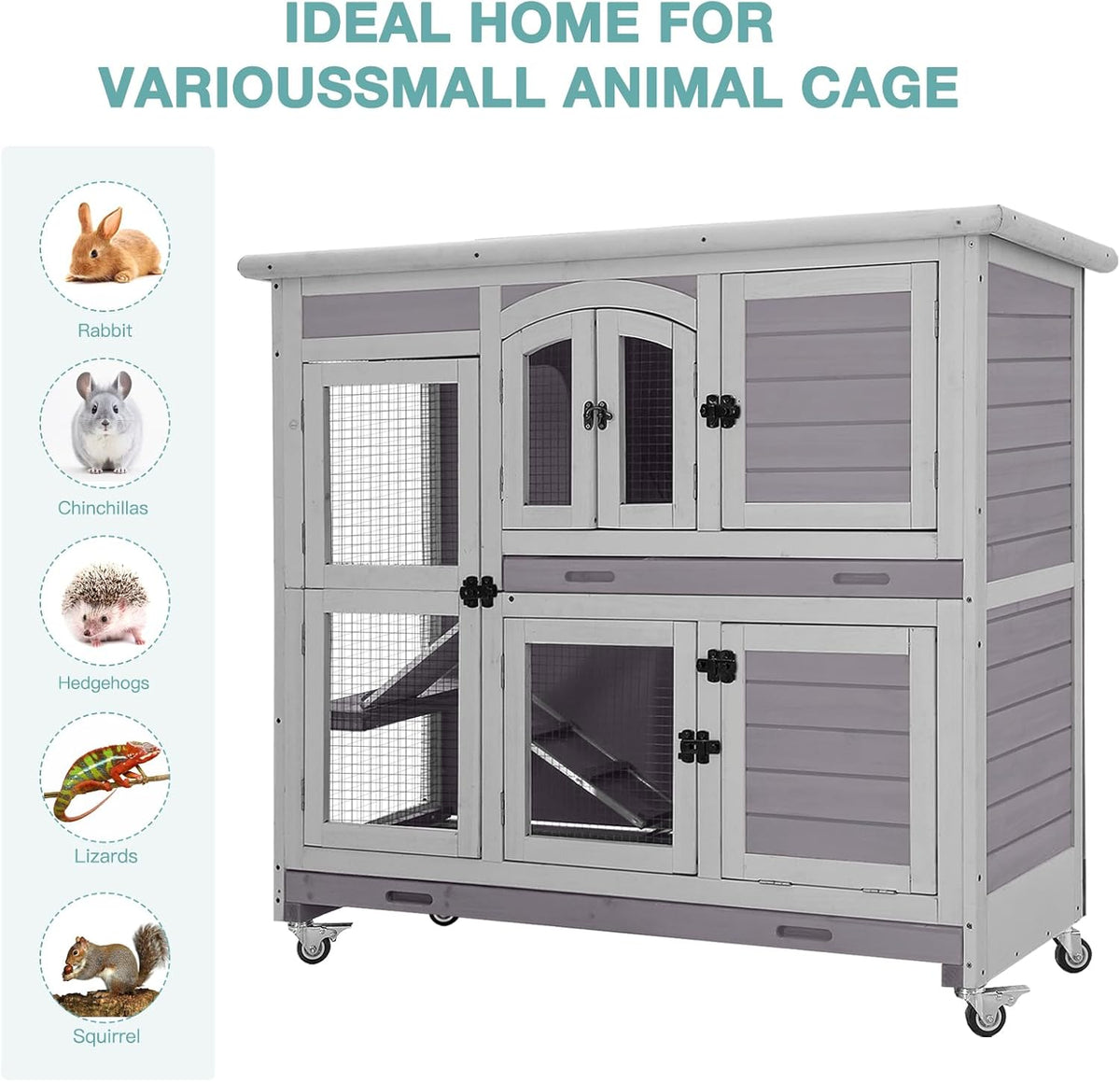 2-Tier Indoor Rabbit Hutch Bunny House Guinea Pig Cage with Sliding Plastic Trays, Wheels & Ramp