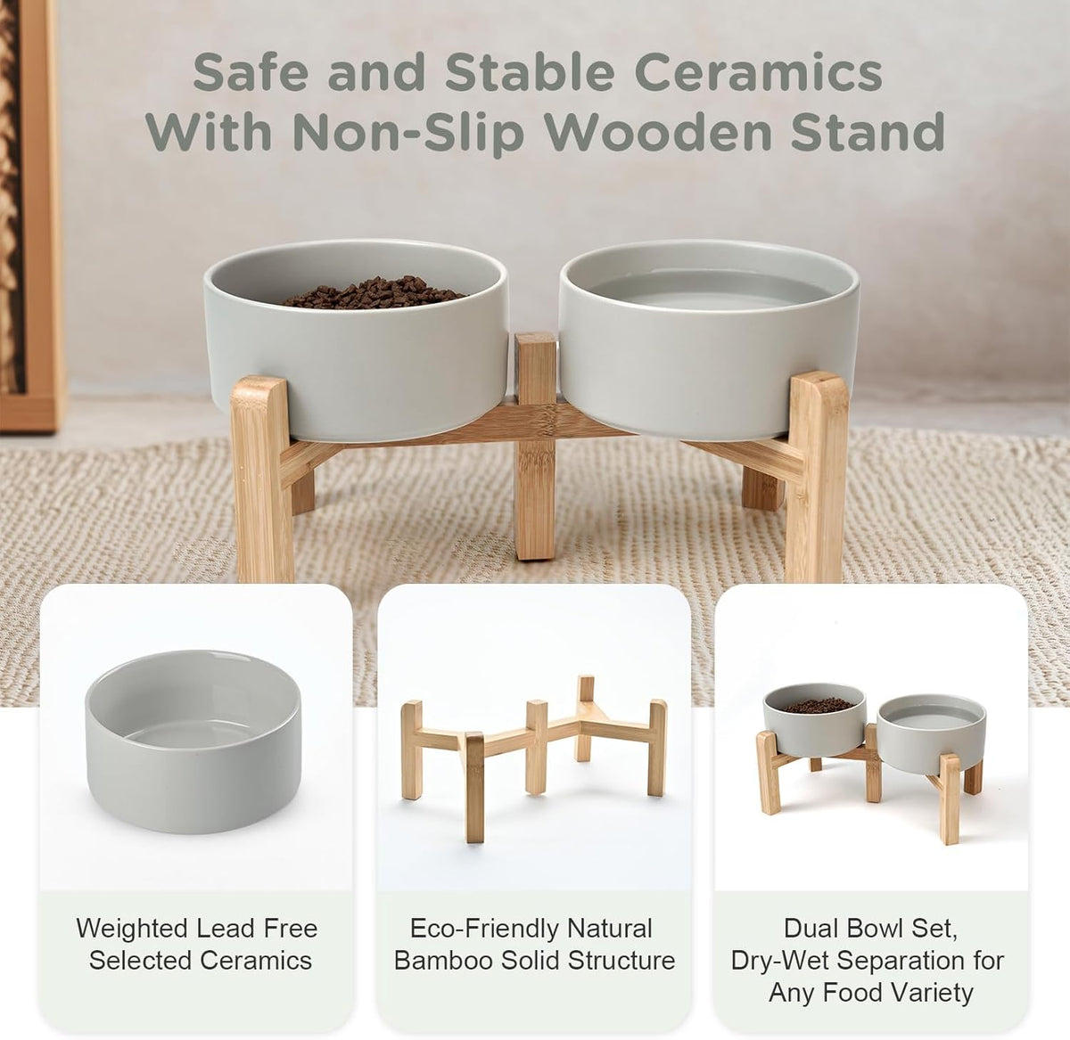 SPUNKYJUNKY Elevated Dog Bowls Ceramic, 6.1'' Dogs and Cat Food Water Bowls Raised with Non-Slip