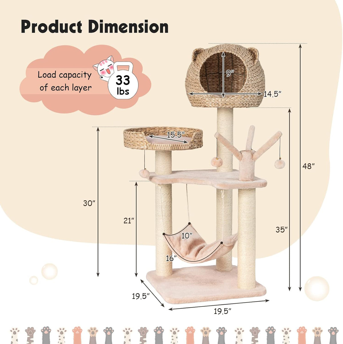 PETSITE Woven Cat Tree, Modern Cat Tower with Hammock & Scratching Posts, Cattail Condo & Top