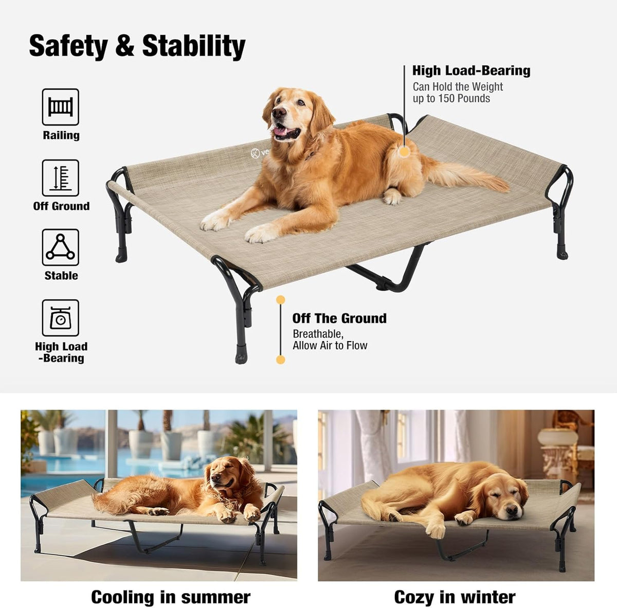 Veehoo Cooling Elevated Dog Bed, XL Raised Pet Cot with Guardrail & Slope Headrest, Durable
