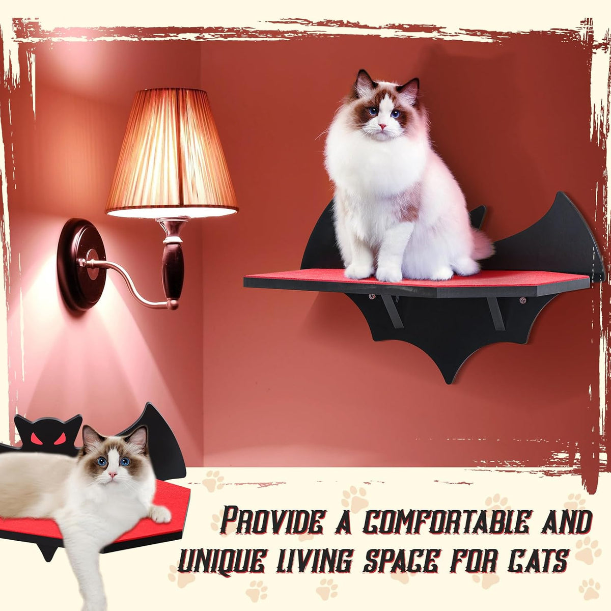 Cat Wall Mount Shelves for Indoor, Gothic Bat Floating Shelf with Coffin Bed Cat Wall Tree Can Load