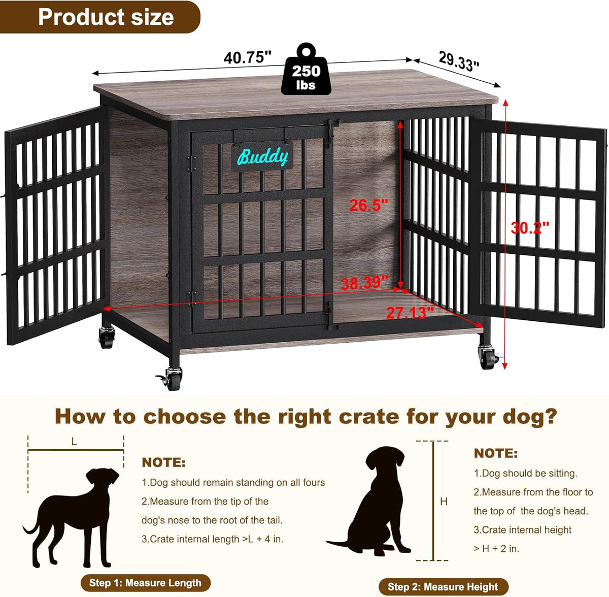 EasyCom 41"/33"/27" Dog Crate Furniture with Name Tag, Heavy Duty Dog Kennel Indoor for Medium