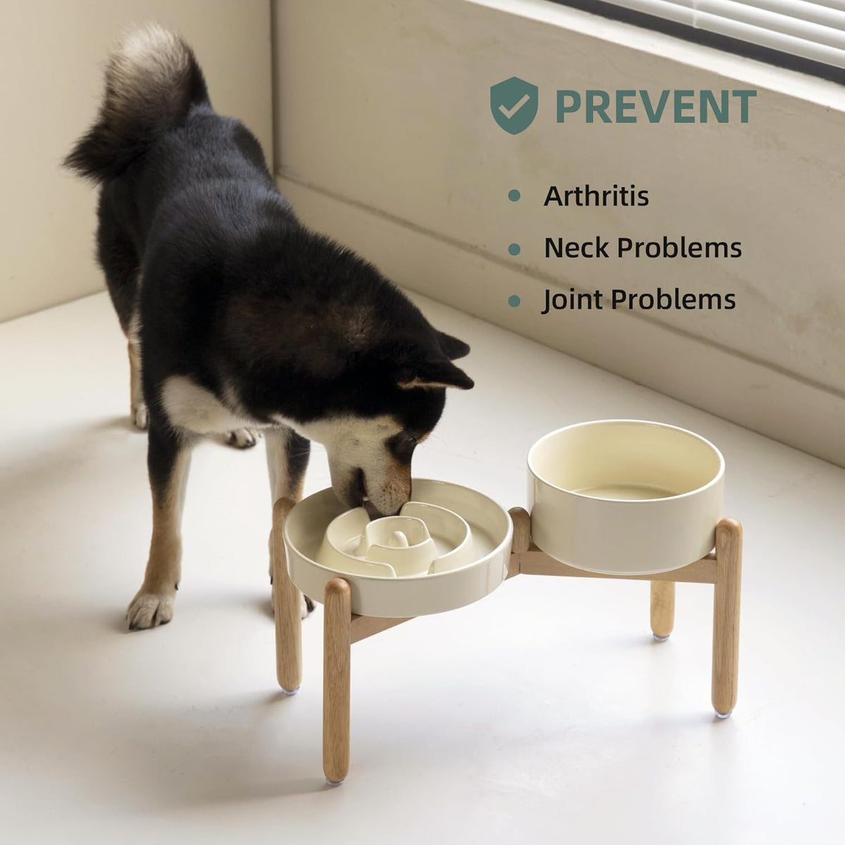 Ceramic Raised Slow Feeder Dog Bowl Set, Elevated 7.3inch Bowl and 8.2inch Puzzle Slow Dish with