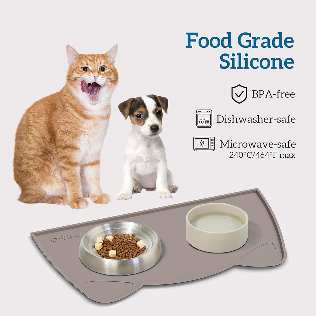 OHMO - Cat Food Mat, Silicone Pet Feeding Mat for Floor Non-Skid Waterproof Dog Water Bowl Tray