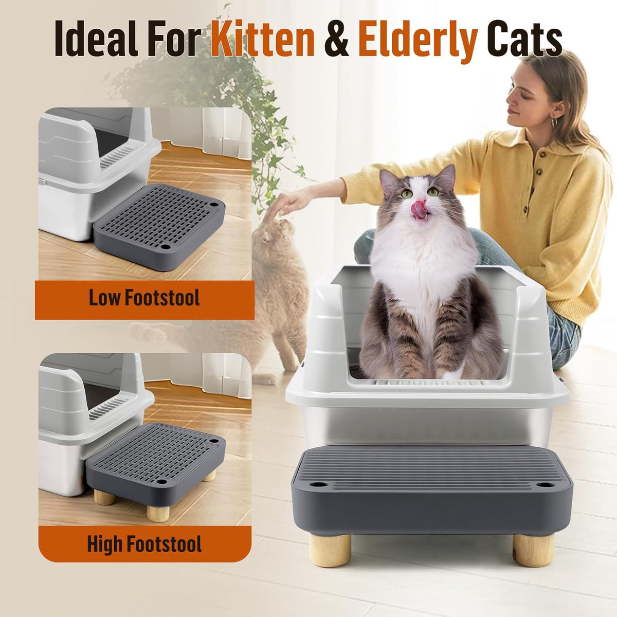 Cat Litter Box Step Ramp, Cat Litter Catcher Mat with Wooden Feet, Filter Function, Cat Pedal Stool