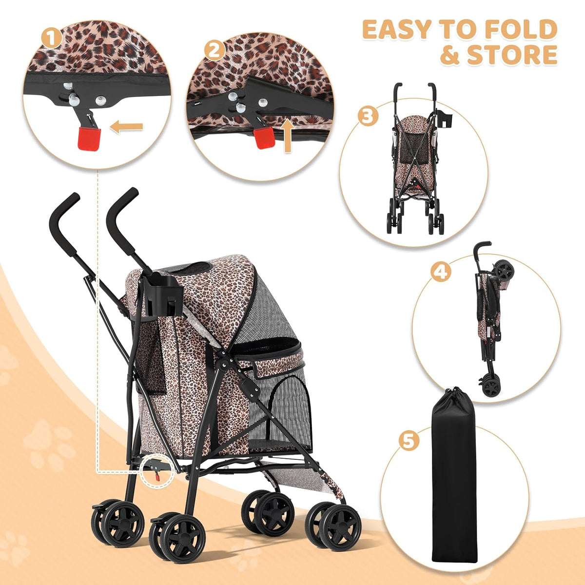 Magshion Compact Pet Stroller for Small-Medium Dogs/Cats up to 22lbs, 4-Wheel Lightweight Umbrella