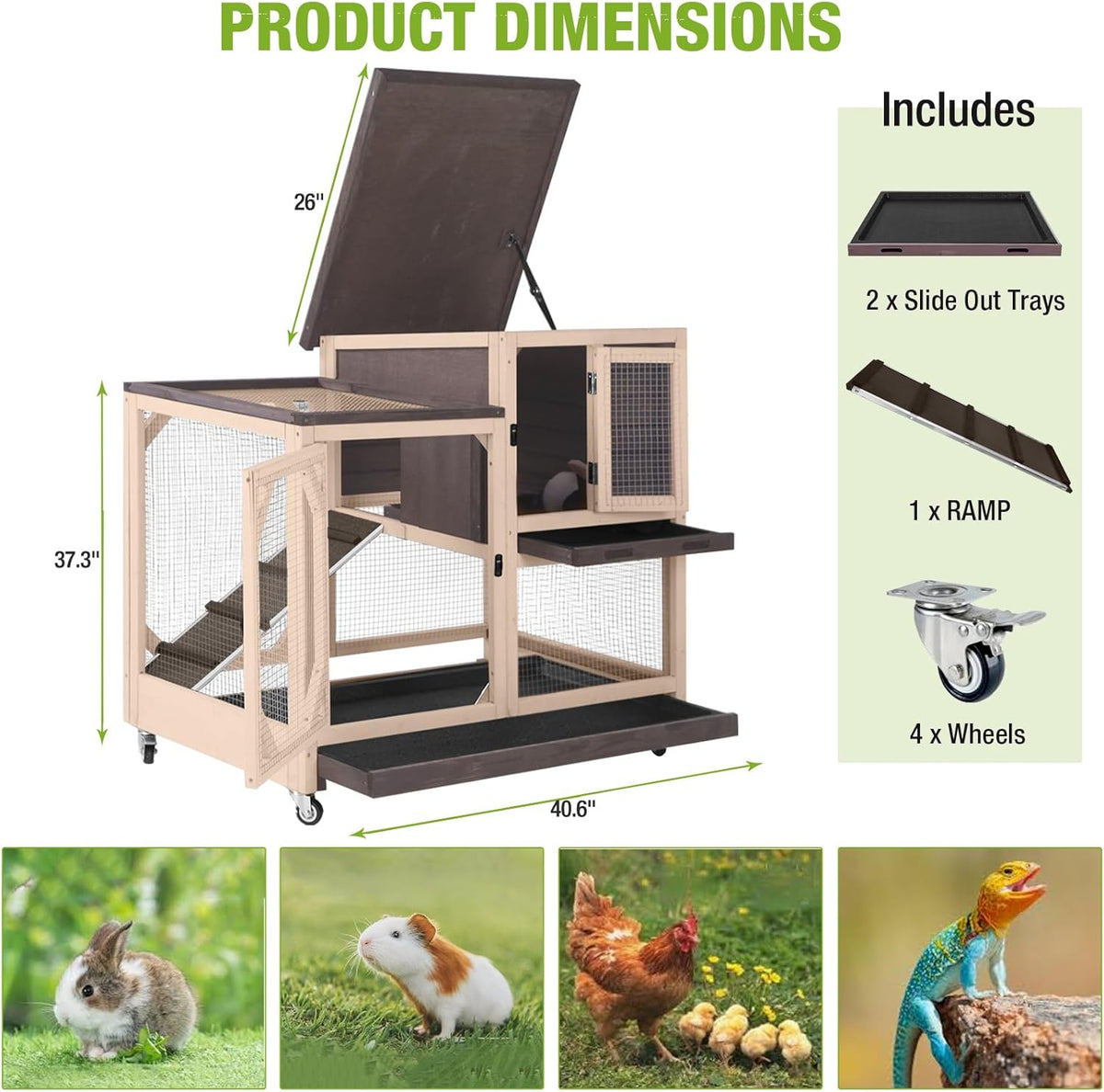 GUTINNEEN 2-Story Rabbit Hutch with Chew-Proof Ramp & Pull-Out Trays - Indoor/Outdoor 39.3" Wooden
