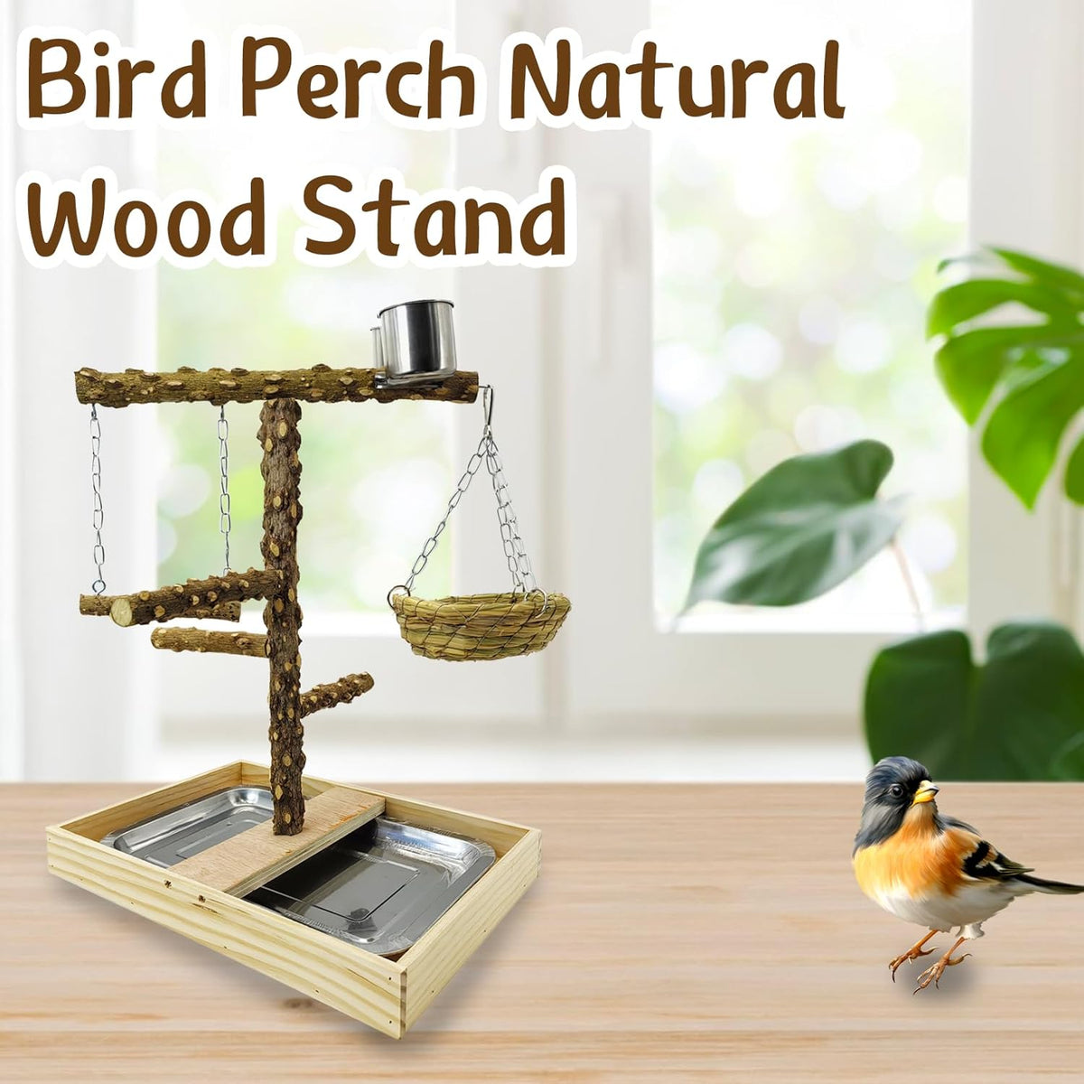 Tfwadmx Bird Perch Natural Wood Stand Toy Parrot Play Stand Platform and Hanging Bird Nests Bird