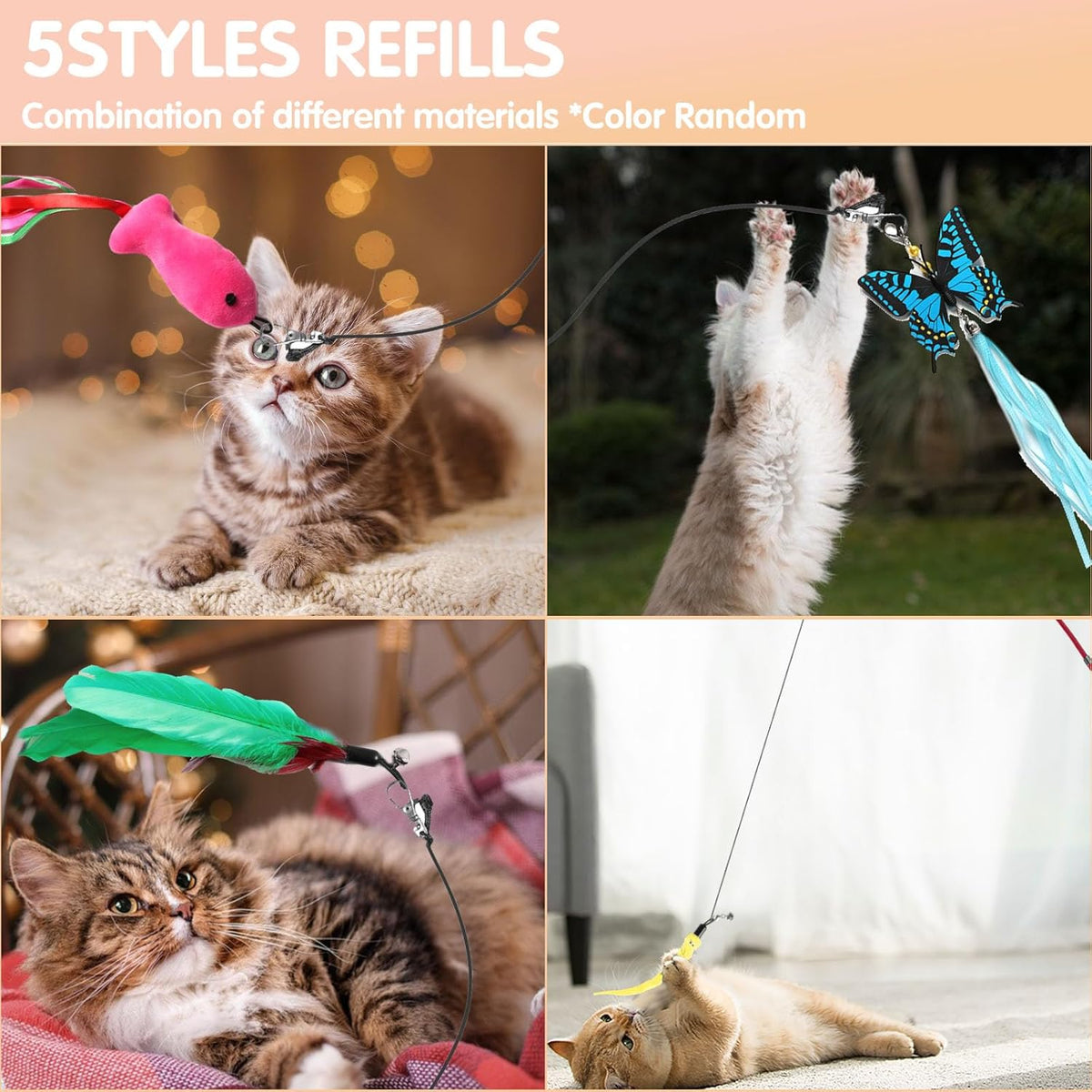 Retractable Cat Toy Wand, 12 Packs Interactive Cat Feather Toys, 9 Assorted Teaser Refills with