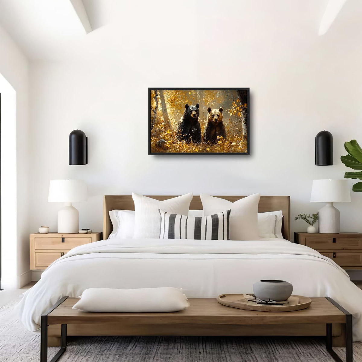 Large Forest Bear Wall Art for Living Room, Black Bear Autumn Canvas Oversized Wall Decor, Wildlife