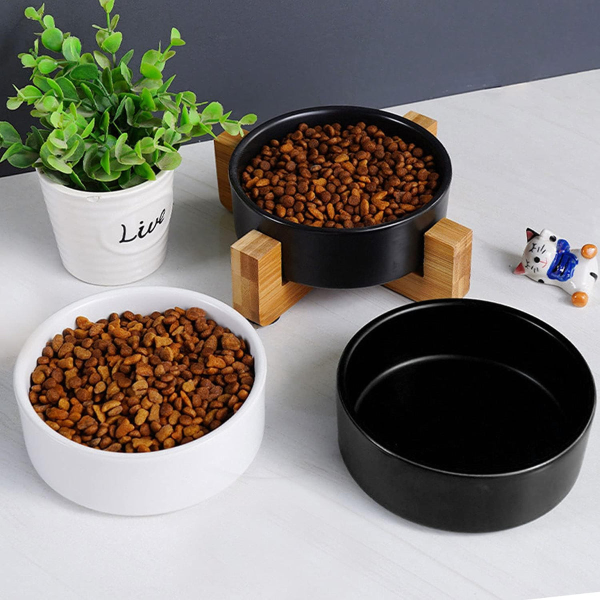 Petygooing Ceramic Black Cat Dog Bowl Set with Stand,Small Dog Bowls, Pet Food and Water Dish, Anti