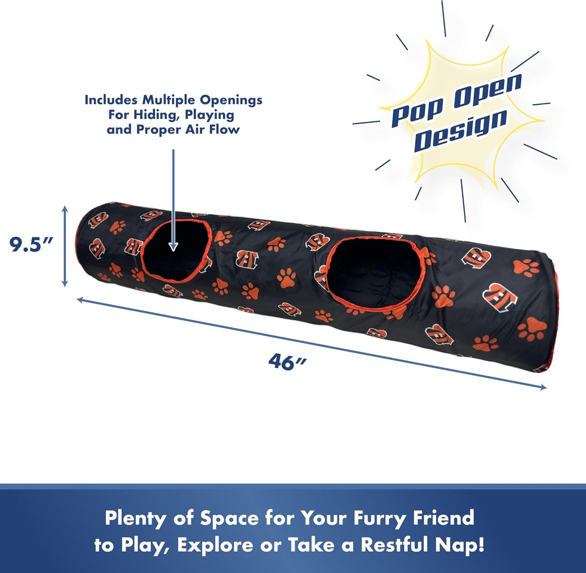 NFL Cincinnati Bengals Cat Tunnel Tube Toy with Plush Football Catnip and Feathers Collapsible