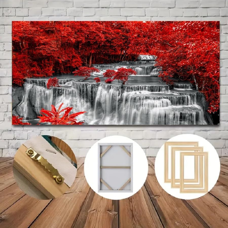 Yxbhhym Black White and Red Waterfall Canvas Wall Art- Red Tree Prints Landscape Posters Framed