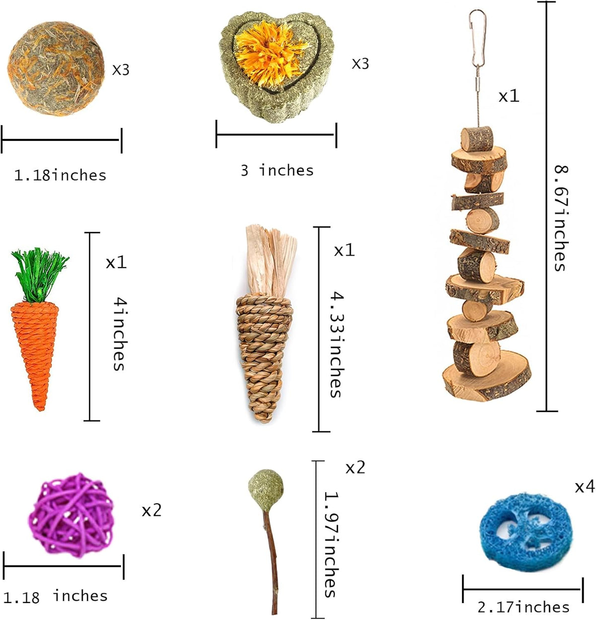 Grddaef 18 PCS Bunny Toys, Rabbit Toys Guinea Pig Toy Natural Apple Wood Grass Timothy Sticks Chew