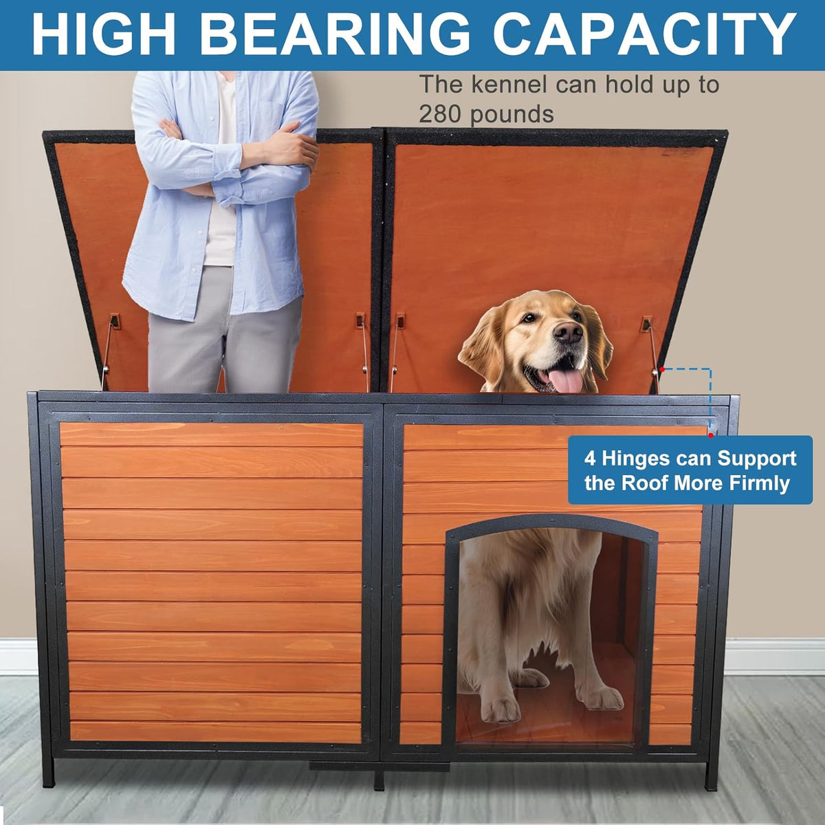 Extra Large Dog House Outdoor Weatherproof 59.1" Outside Wooden Dog Kennel, Chewproof Strong Iron