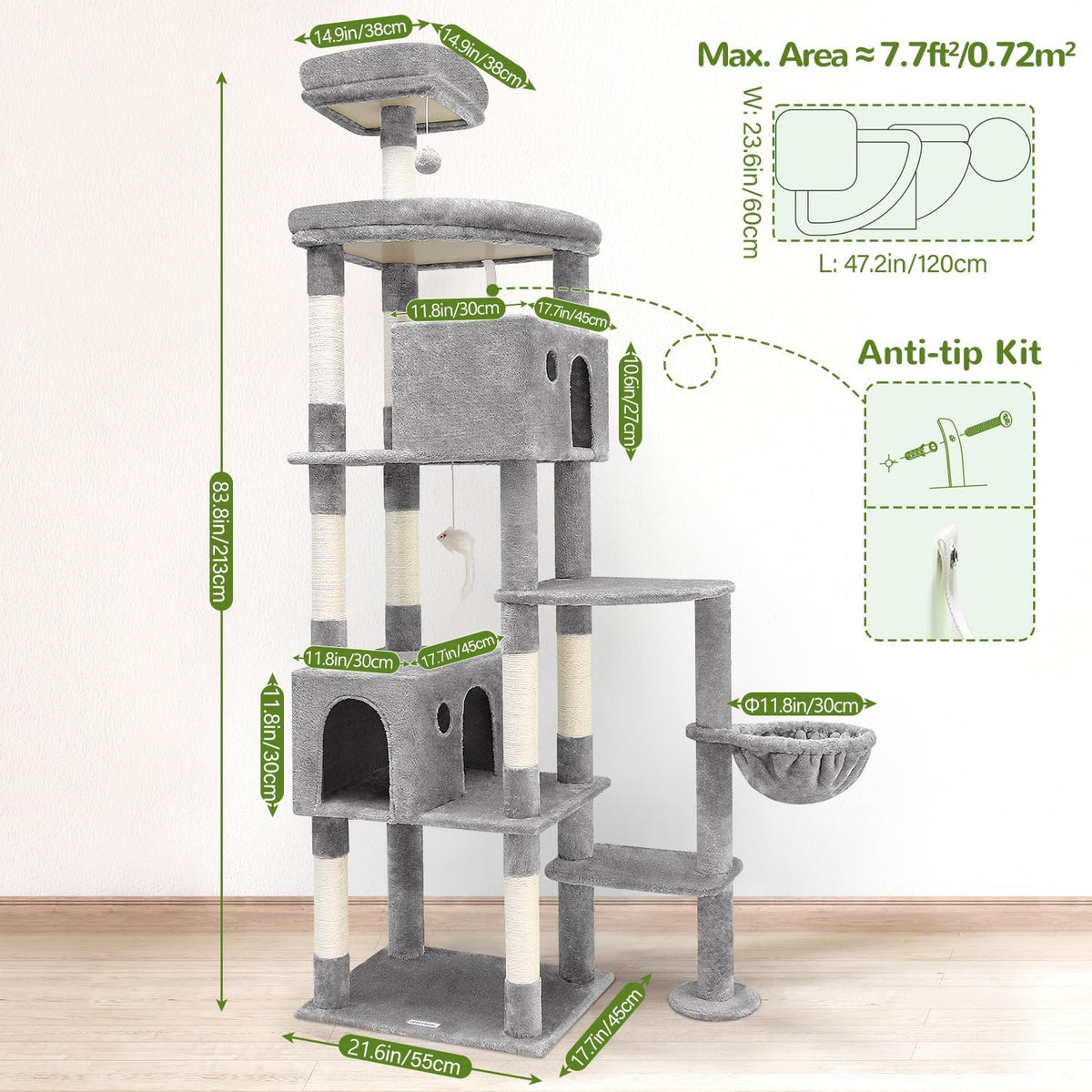 Globlazer Giant Cat Tree, 83 inch Cat Tree for Indoor Cats Large Adult, XXL Cat Tower with 9