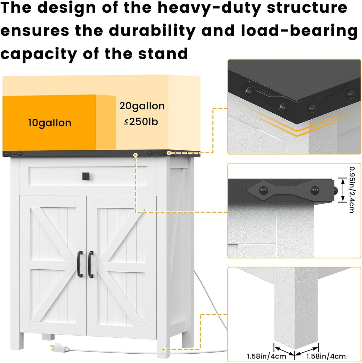 Suadism 20 Gallon Aquarium Stand With Charging Station, Farmhouse Fish Tank Stand, Reptile and