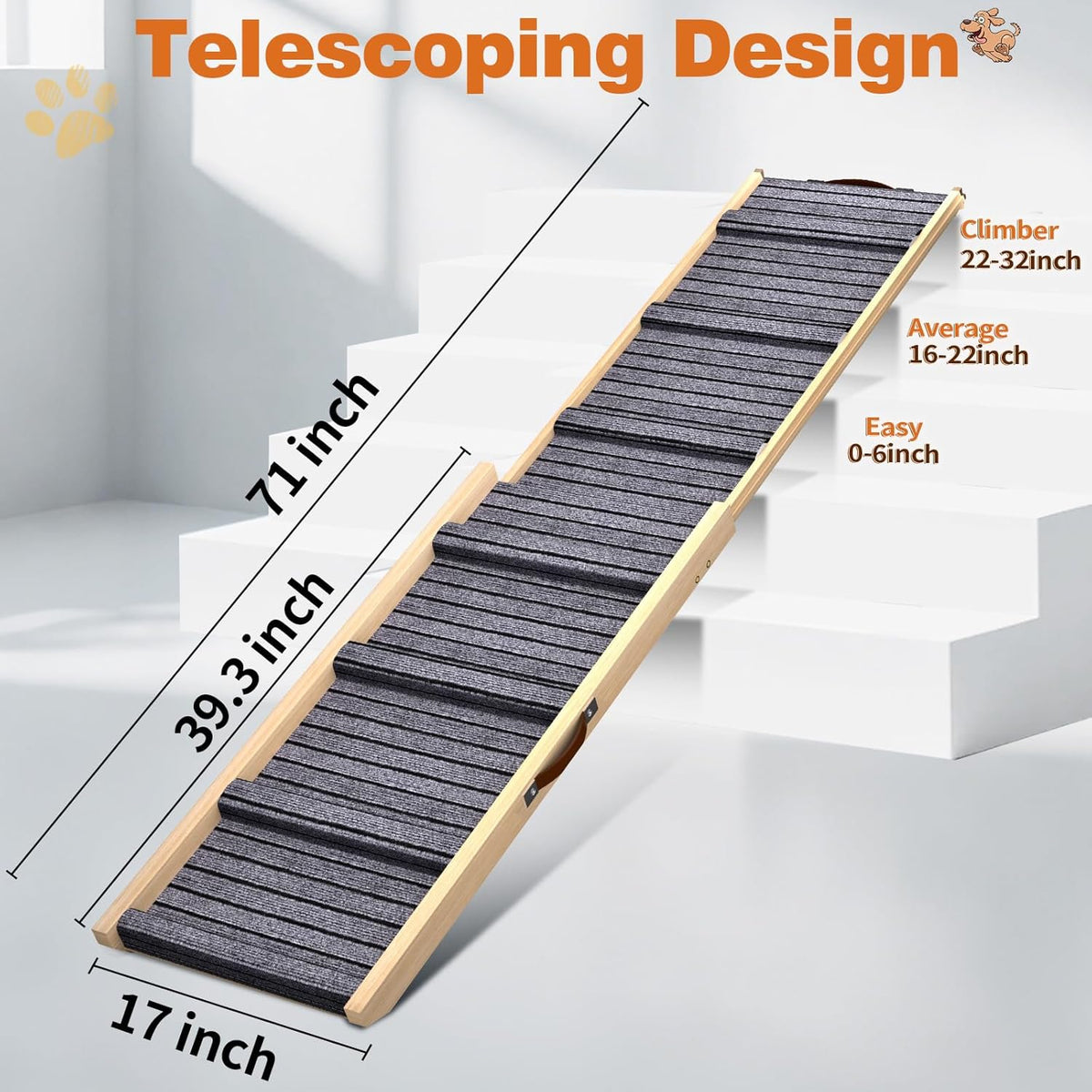 Dog Ramp for Car, 71''x 17'' Extra Long Deluxe Telescoping Design Wooden Pet Ramp, Pet Stair Ramps