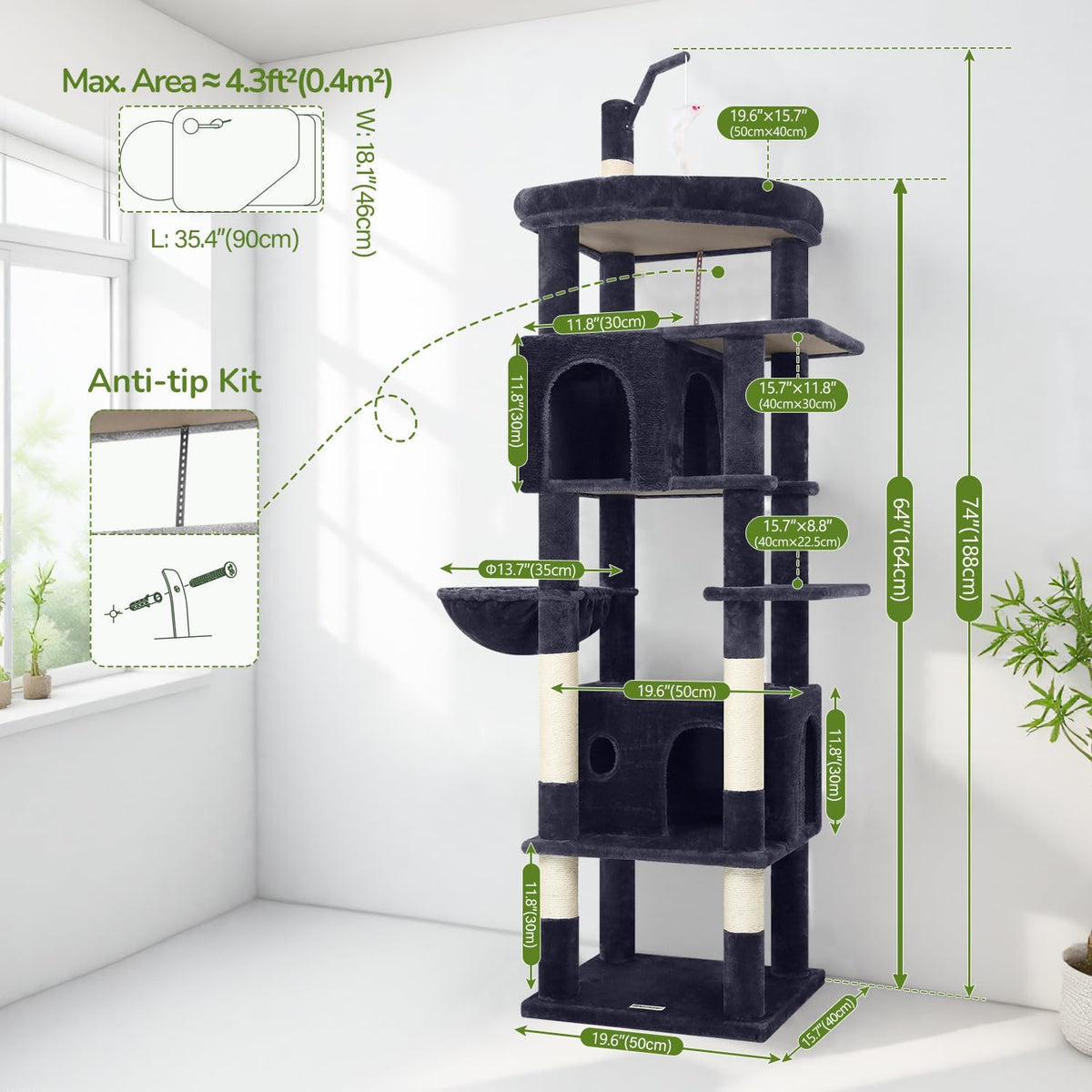 Globlazer Large Cat Tree Tower, Tall Cat Tree Condos for Indoor Cats Large Adult Cat Climbing Tower