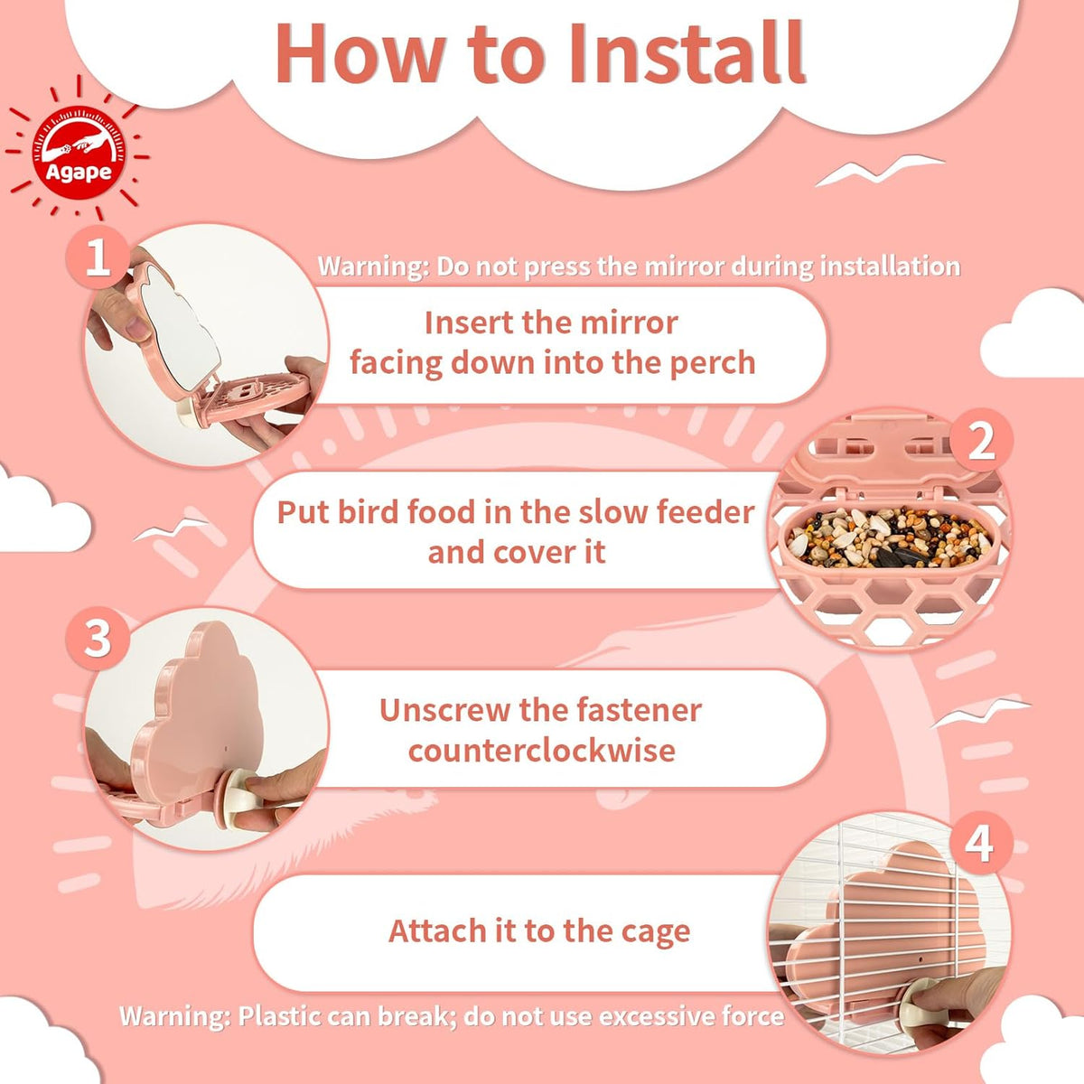 Agape Bird Mirror for Cage, Bird Toys with Perch and Slow Feeder to Expend Energy, Small Parrot