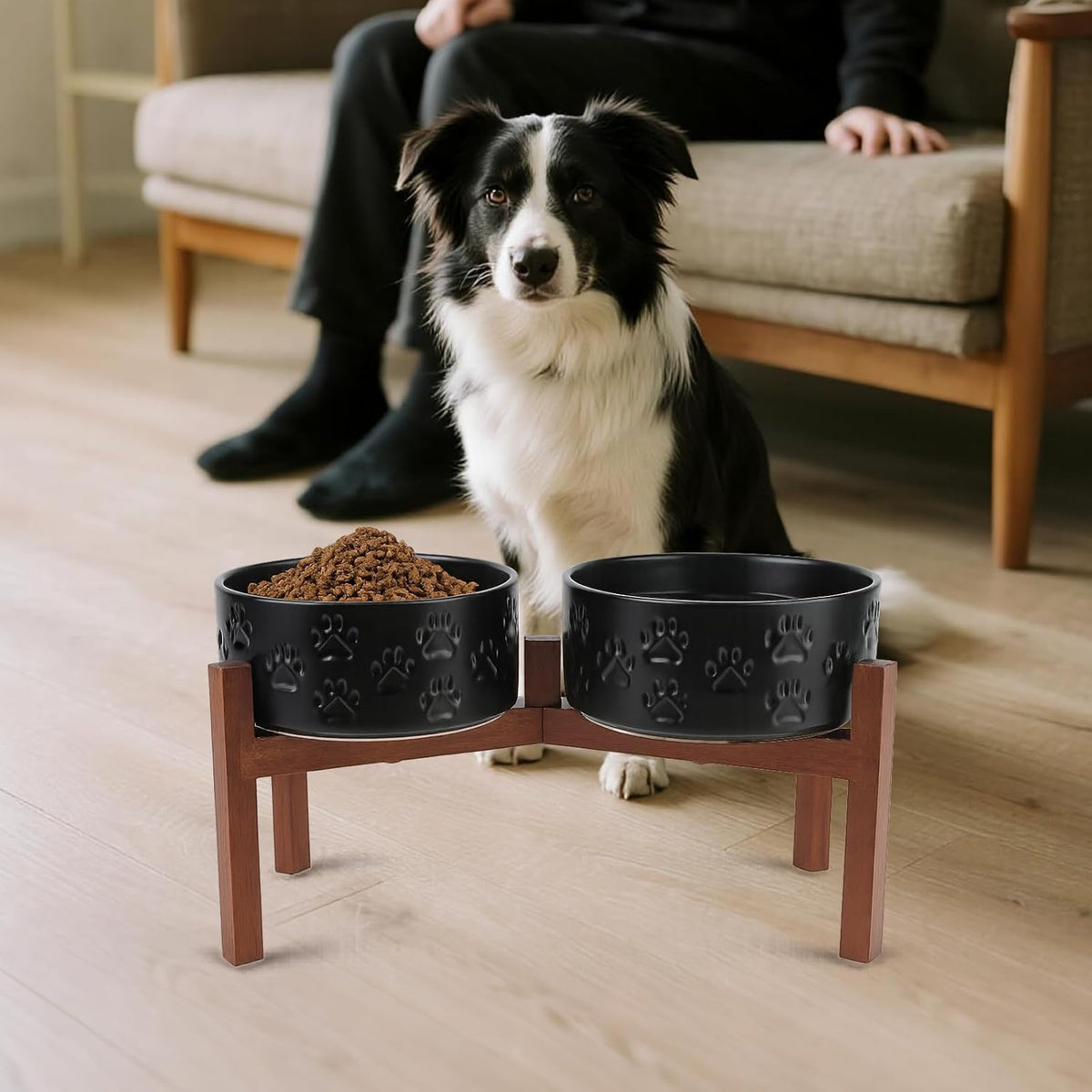 SPUNKYJUNKY Ceramic Elevated Dog Bowl Set with Acacia Wood Stand for Food and Water for Medium Dogs