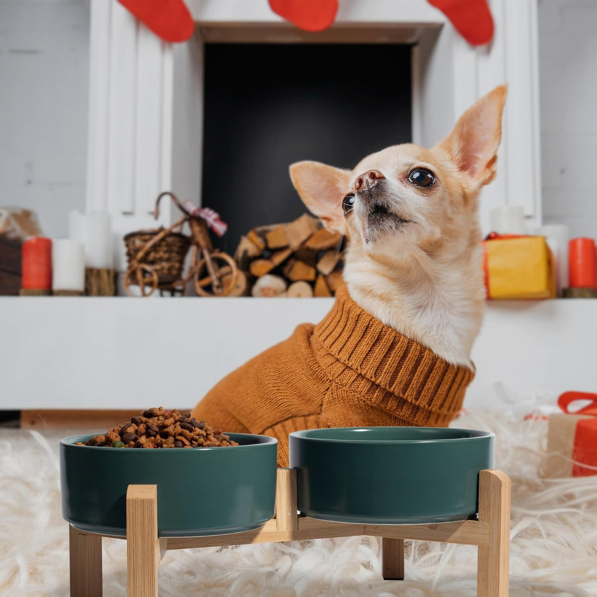 Elevated Ceramic Dog Bowl Set - Raised Feeding Bowls with Non-Slip Bamboo Stand - Small Pet Dishes
