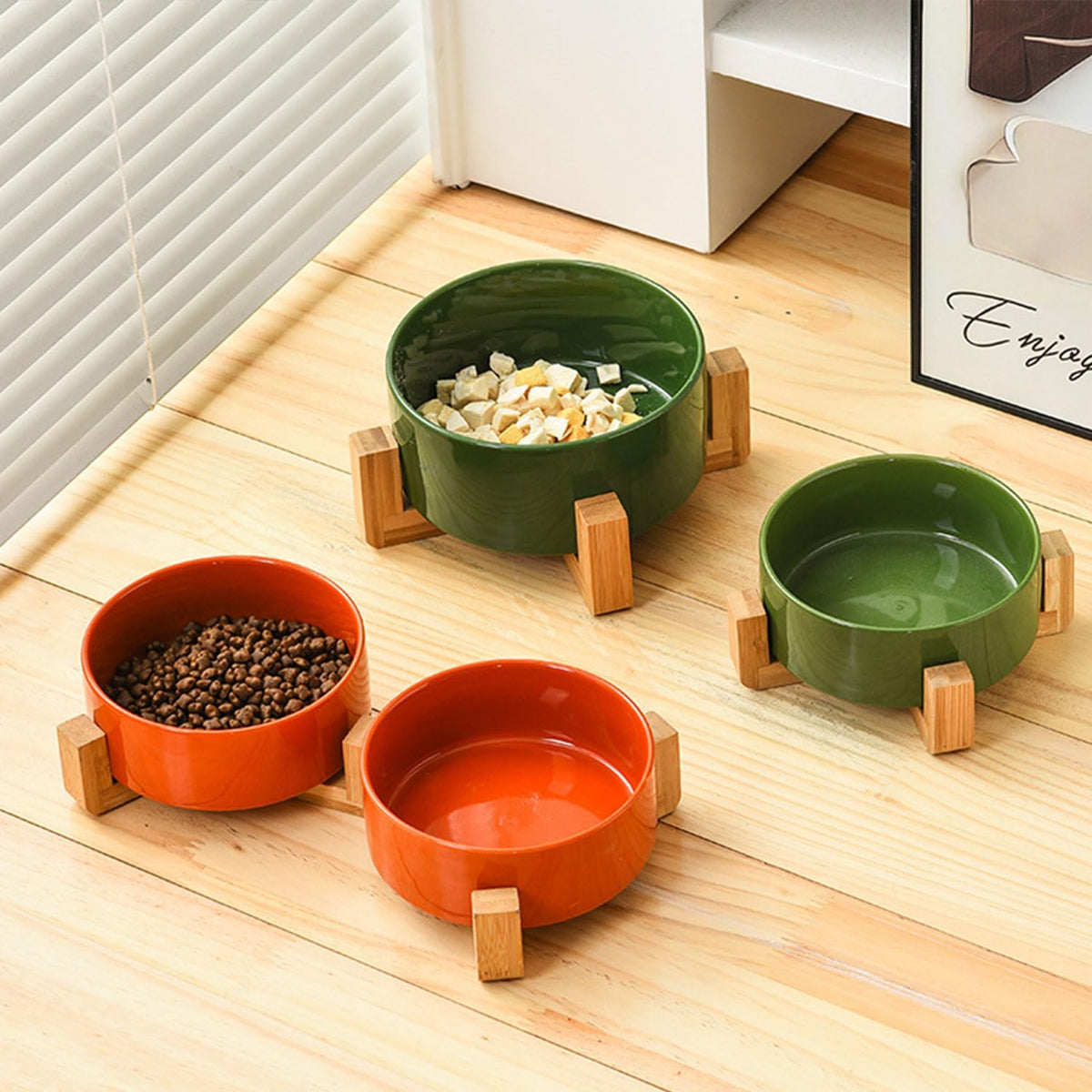 Petygooing Dog Bowls,Ceramic Cat Dog Bowl Set with Wood Stand for Food and Water,Non-Slip Cute