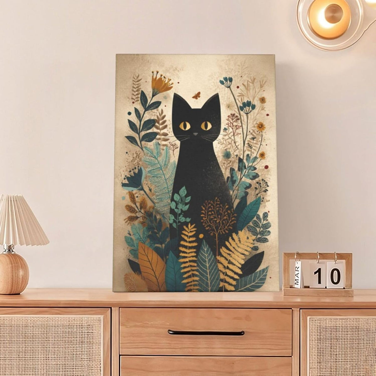Boho Black Cat Wall Art Kitten Botanical Wall Decor Mid Century Modern Canvas Painting Print