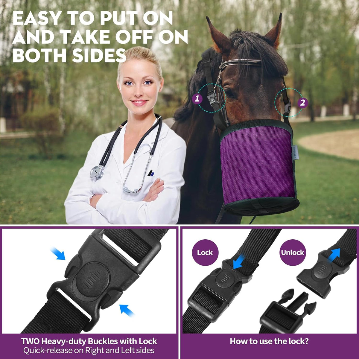 Horse Feed Bag 2 Pcs, Mesh Feed Bags for Horses, Muzzle Feedbag for Feeding Grain, Anti-Spill