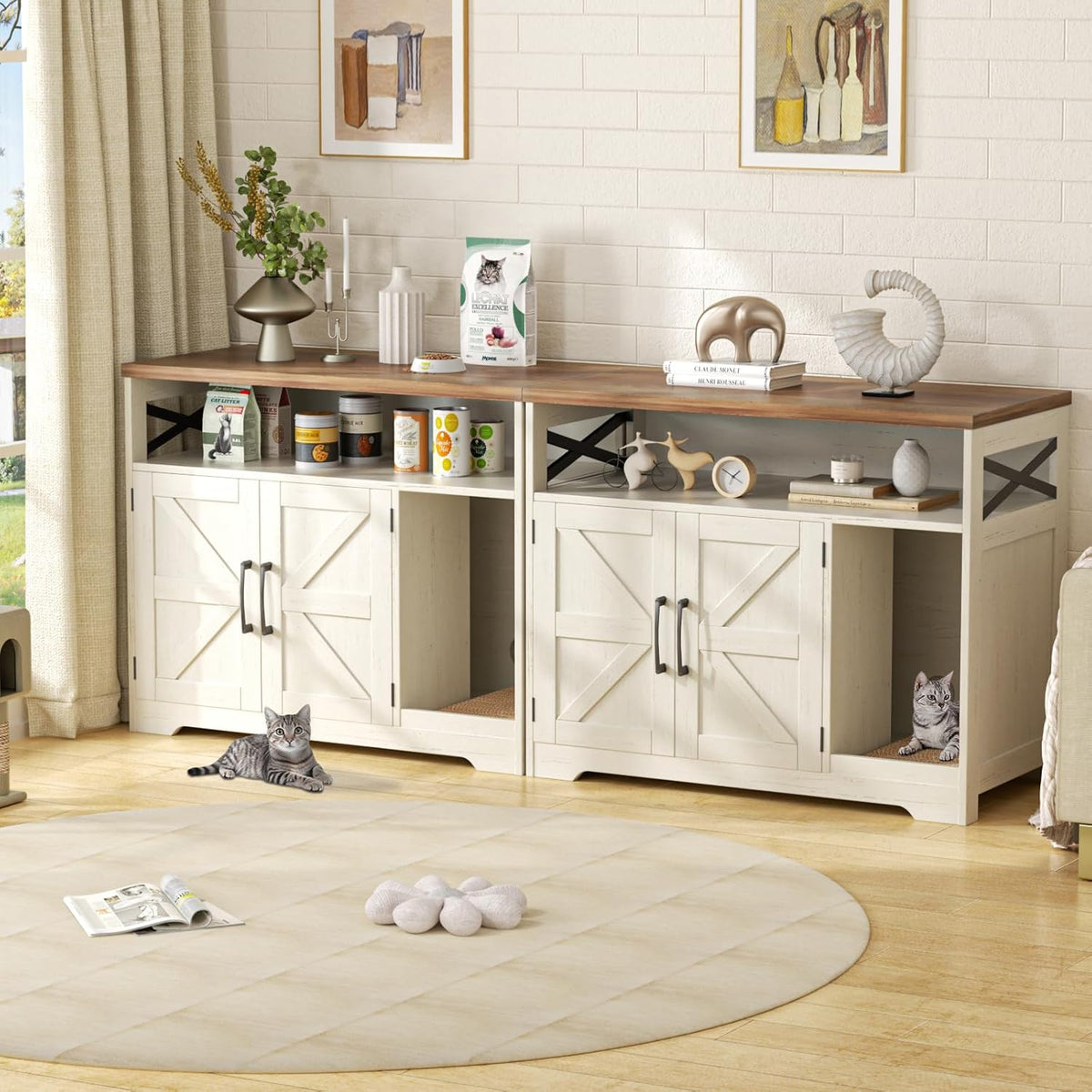 Cat Litter Box Enclosure, Hidden Litter Box Furniture with Scratch Pad, Farmhouse Indoor Cat House